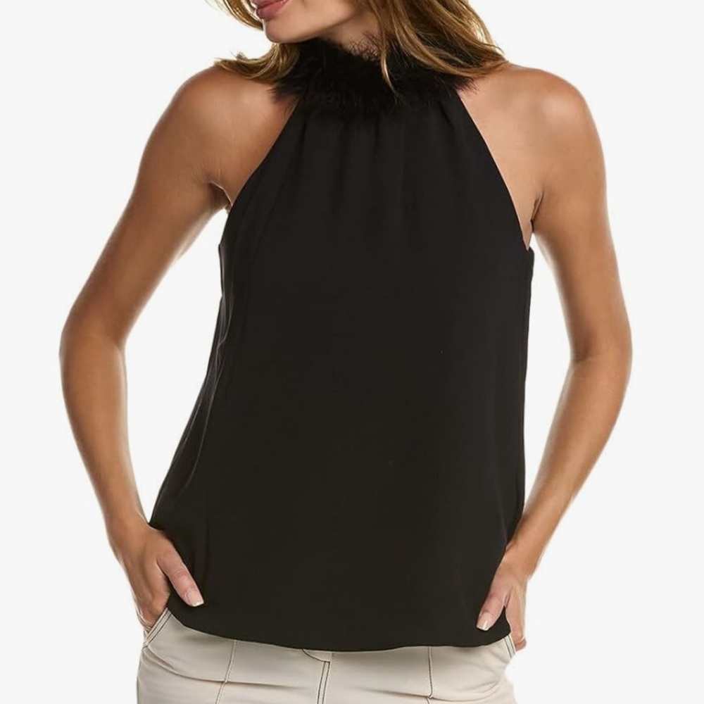 Trina Turk Feather Collar Trim Halter Top Black, Size XSmall  Orig retail 228.00